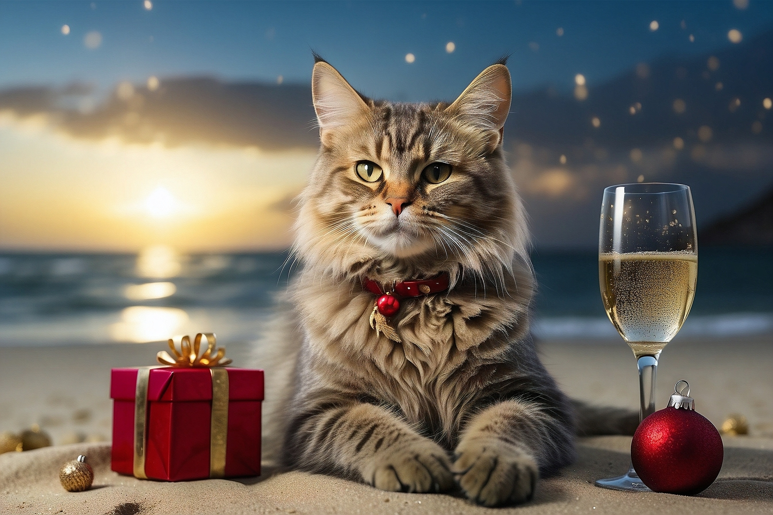 Cat on beach in the evening with a glass of wine and presents Cat on beach in the evening with a glass of wine and presents