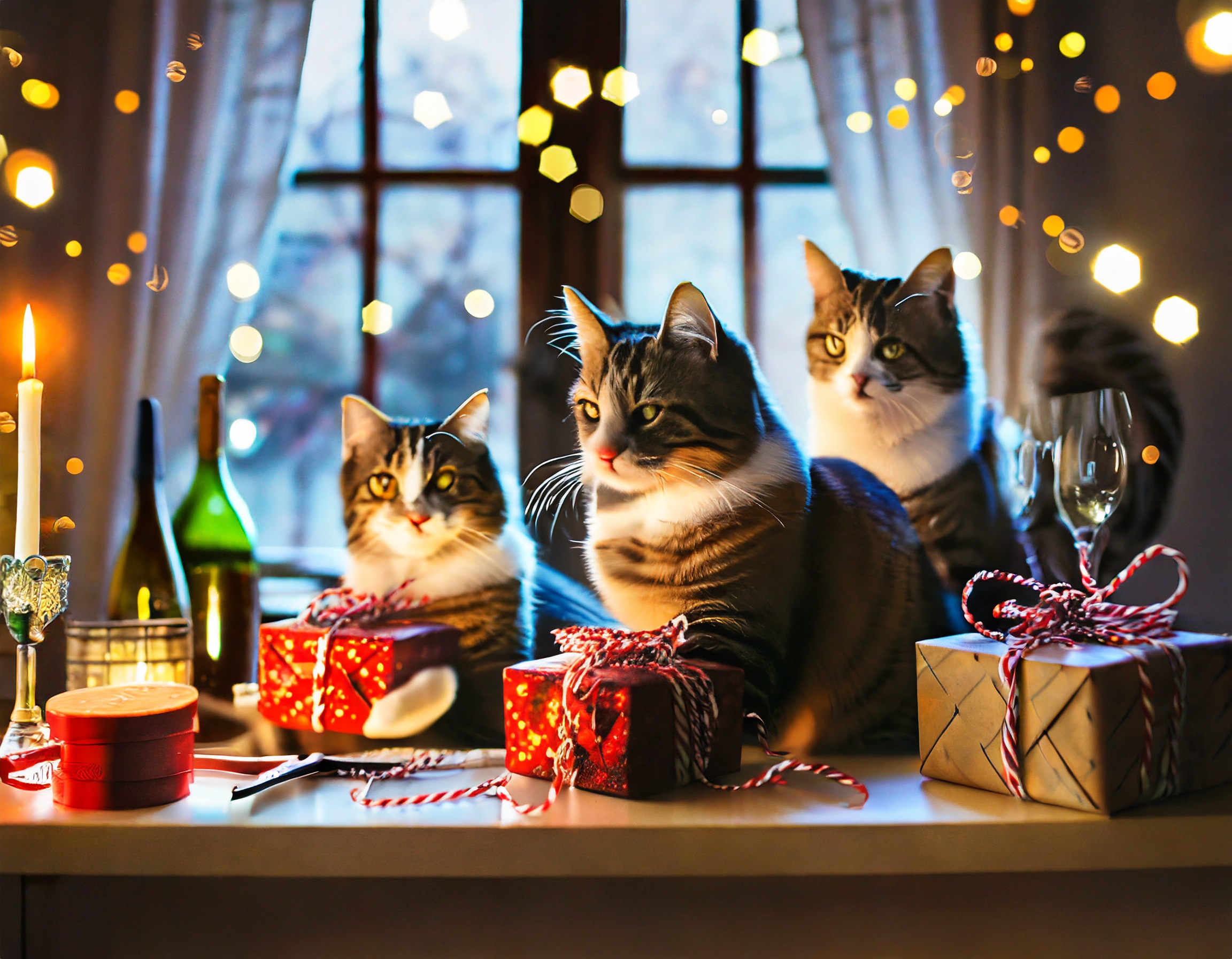 Three cats opening presents at Christmas Three cats opening presents at Christmas