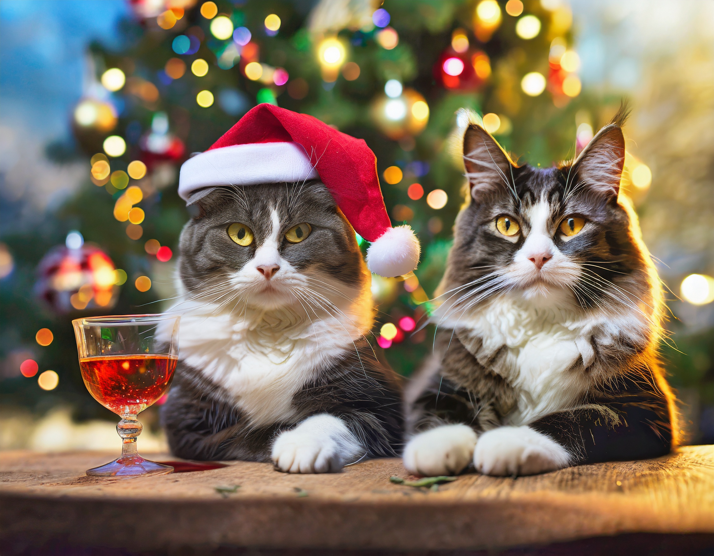 Two cats with christmas tree in the background Two cats with christmas tree in the background
